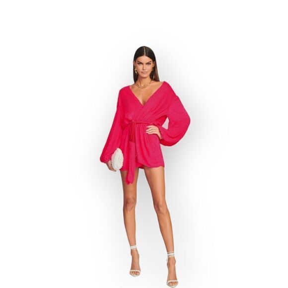 Retrofete Dresses & Skirts - Retrofête Gabrielle Pink Velvet-Trimmed Sequined Chiffon Mini Wrap Dress